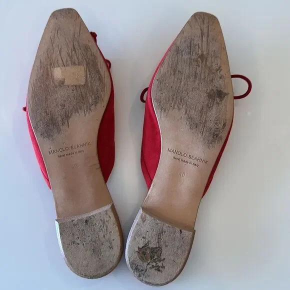 Manolo Blahnik Ballerimu Red Suede Bow Ballerina Flats Mules Shoes Size 40 US 10 - Picture 6 of 7